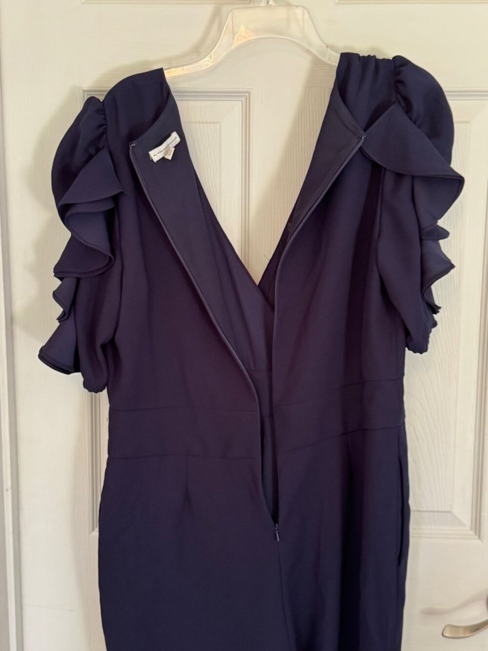 ML MONIQUE LHUILLIER VNeck 3/4 Ruffled Sleeves Jumpsuit Pantsuit Navy Blue 12 - Picture 3 of 10